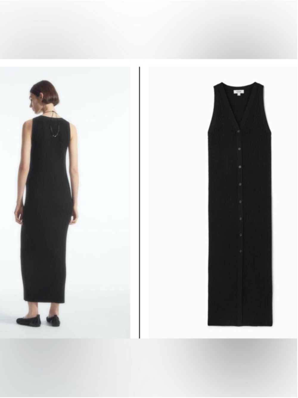 COS Ribbed Knit Button Front Maxi Dress Black Minimalist Sleeveless Small